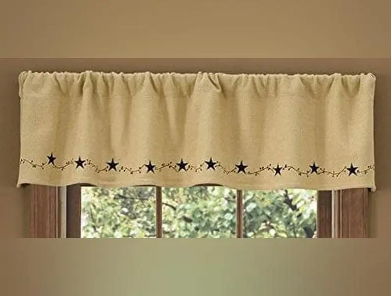 Burlap & Embroidered Stars Lined Valance, 60 x 14