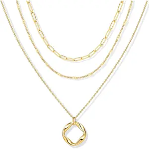 Layered Gold Necklaces for Women, Stackable Dainty 14K Gold Silver Plated Trendy Simple Heart Diamond Cross Bow Circle Pendant Paperclip Choker Dot Chain Necklace,Jewelry Set Gifts for Women