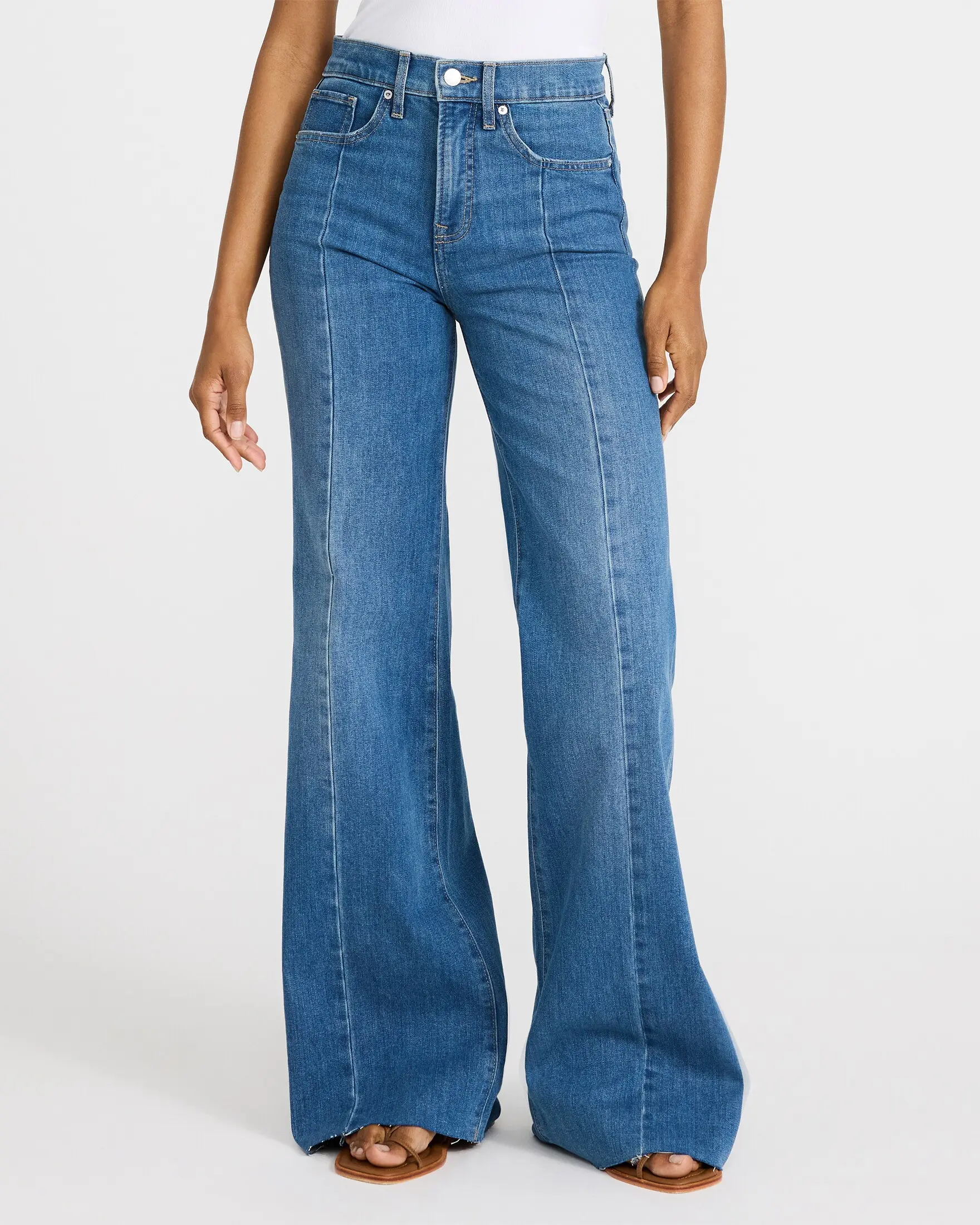 Express High Waisted Medium Wash Front Seam Raw Hem Relaxed Flare Jeans