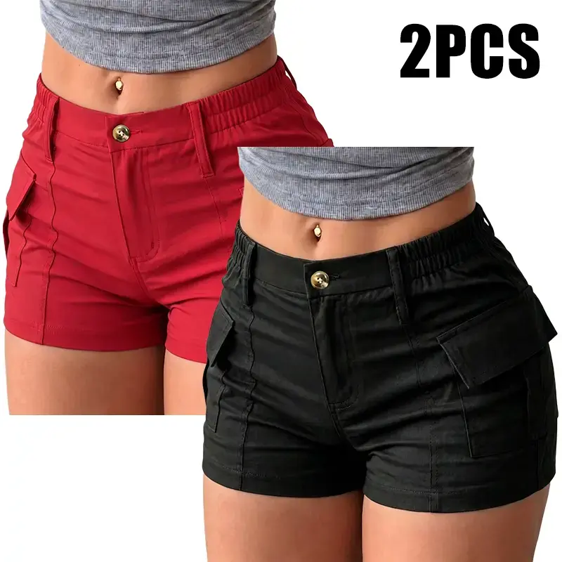 Women’s summer cargo shorts, 2-pack, featuring a button waistband and large pockets; available in multiple colors. Suitable for everyday casual wear in summer.