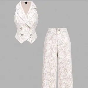 SHEIN MOD Women's Vintage Royal Suit Vest And Pants 2 Pieces Set, With Lace, Pearl Buttons, Long Sleeve, Date Outfit,Halloween,Back To School,Y2k,Grunge,Old Money In Fall/Winter.