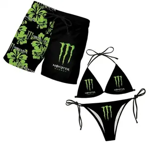 Matching Monster Energy Inspired Swimwear for Couples, Women's Floral Bikini & Men's Beach Shorts, Tropical Hawaiian Beach Vacation Outfit