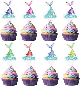 48PCS Mermaid Tail Cupcake Toppers Mini Under the Sea Mermaid Tail Cake Topper Decorations Cupcake Picks for Birthday Party Decoration First Shower Supplies