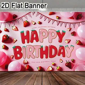 2D flat banner, 1pcStrawberry Happy Birthday Banner, Pink Strawberry Theme Party Decorations, Party Decoration Supplies with Balloons & Chocolate Accents, Festive Birthday Greeting for Strawberry Lovers, Decorative Banner