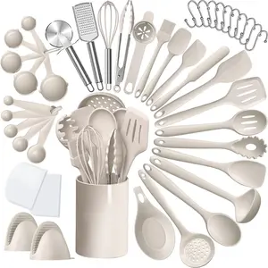 Silicone Kitchen cooking Utensils Set, 43 Pcs Heat Resistant Khaki Cooking Utensils Set, Turner, Tongs, Spoon, Spatula, Kitchen Gadgets Tools Set For Nonstick Cookware(Dishwasher, BPA Free)