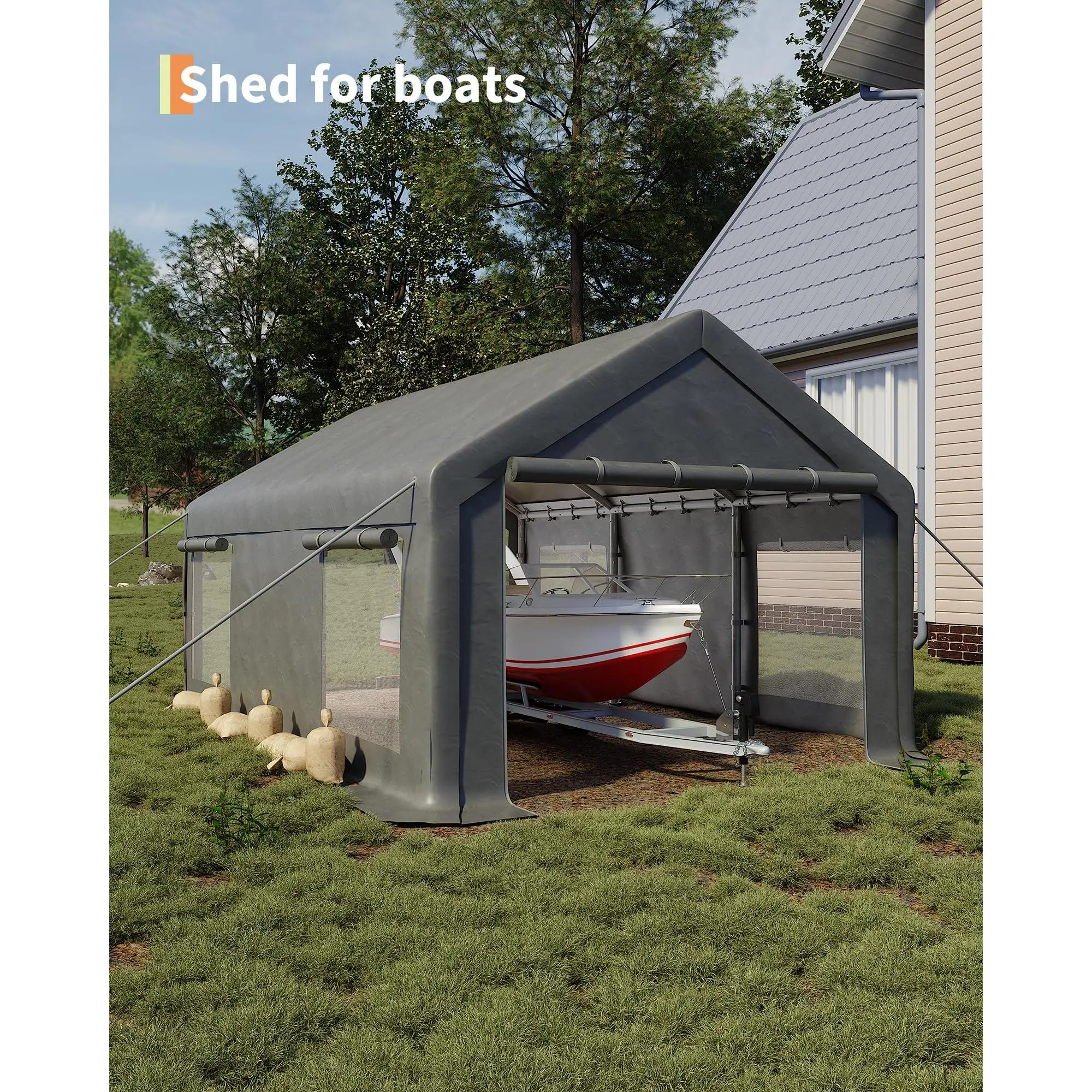 10x20 ft Portable Garage Carport, 200g PE Canopy with Roll-Up Doors & Windows, All-Purpose Shelter for Pickups, Boats & Events