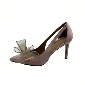 Custom Made Womens Pink Satin High Heel Pumps with Mesh Rhinestone Bow Pointed Toe Stiletto Formal Dress Shoes Elegant Wedding Bridal Heels for Prom Cocktail Party Evening Bridesmaid Comfortable Heels