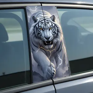 White Tiger Car B-pillar Sticker 50cm x 25cm PVC Waterproof 3D Effect No Residue Easy Removal DIY Fun Car Door Trim Decal Accessory