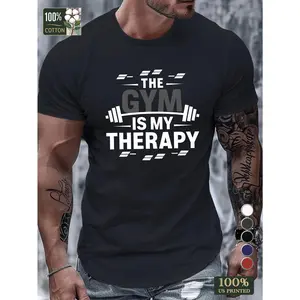 Men'S "Gym Is My Relax" Graphic T-Shirt - 100% Cotton Crew Neck Casual Tee with Dumbbell Design, Micro-Elastic Fabric for Gym & Outdoor Activities, Machine Washable, Casual Wear | Graphic Tee | 100% Cotton Shirt