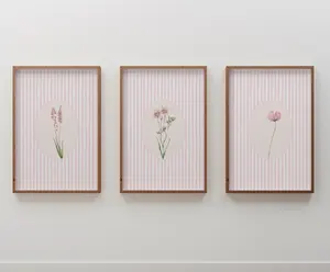 Pink Stripes and Wildflowers Poster Set of 3 | Vintage Pink Stripes Floral Prints | Watercolor Botanical Art Trio Prints for Home Decor Frames Glossy