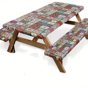 3pcs Bohemian Picnic Table Cover with Bench Covers Elastic Edges Moroccan Fitted Table Cover Outdoor Patio Camping Essentials 72 Inch 3pcs