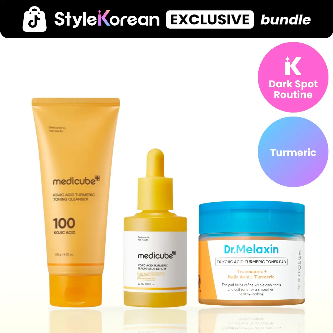 [StyleKorean] Turmeric Dark Spot Eraser Trio Set (Dr.melaxin Kojic Acid Turmeric toner pads, Medicube Toning Whip Cleanser, serum)