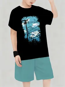 Teen Boys Summer Short Sleeve T-Shirt, Trendy Printed Round Neck Casual Top, Fashion Skateboard Sport Set, Loose Fit H-Type Shorts, Junior