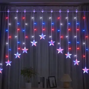 Battery Operated Star Icicle Lights | 9.8ft 118 LEDs Red White & Blue Curtain, Batteries Not Included, Waterproof 8 Modes Timer Connectable Holiday Decor