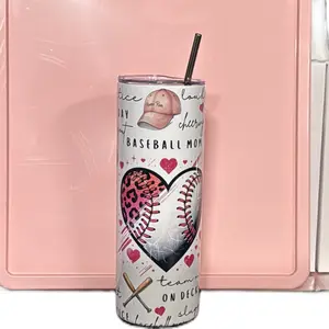 Baseball Mom Tumbler with Heart Design and Straw - Perfect for Fans Drinkware