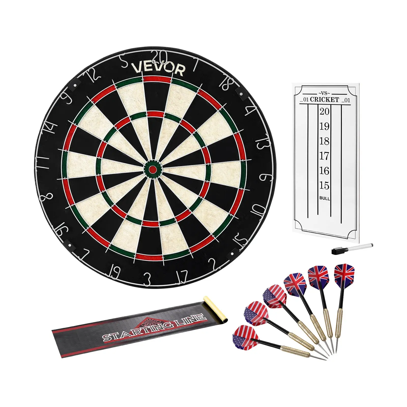 VEVOR Professional Dartboard Set, 17.7in Self-Healing Sisal Board with 6 Steel Tip Darts, Scoreboard, Wall Mount, Staple-Free Bullseye, Rotating Rings, Throw Line, 1 Whiteboard Marker for Friends, Parents, All Ages Home Party Game Rooms, 17.7" Dia., Bar A