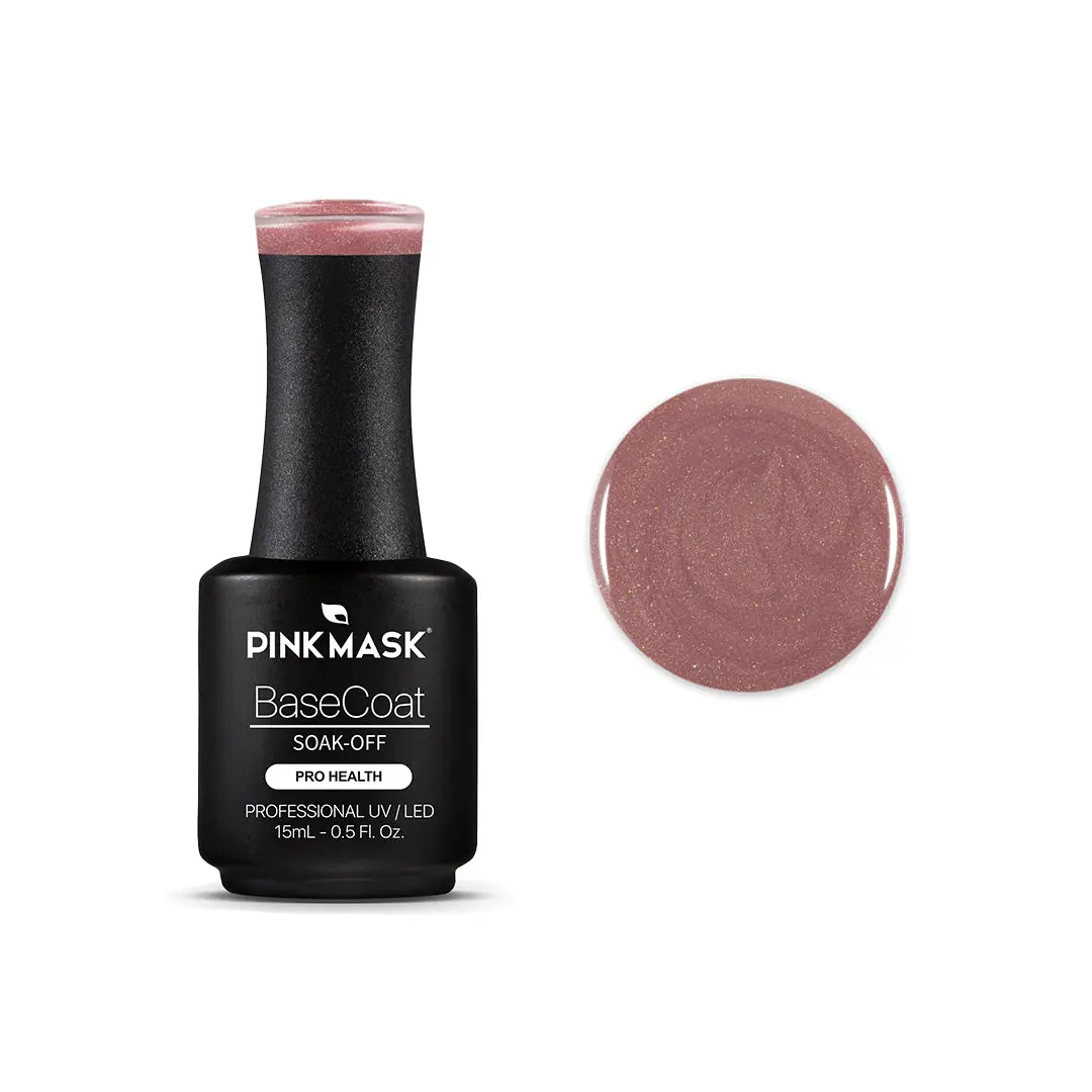 Sparkly Pink UV Rubber Base Coat Nail Polish, Gel Nail Cosmetic with Built-in Brush for Manicure, Vegan, Pink Mask, Flexible, Cruelty Free, Nail Art, Self-Leveling