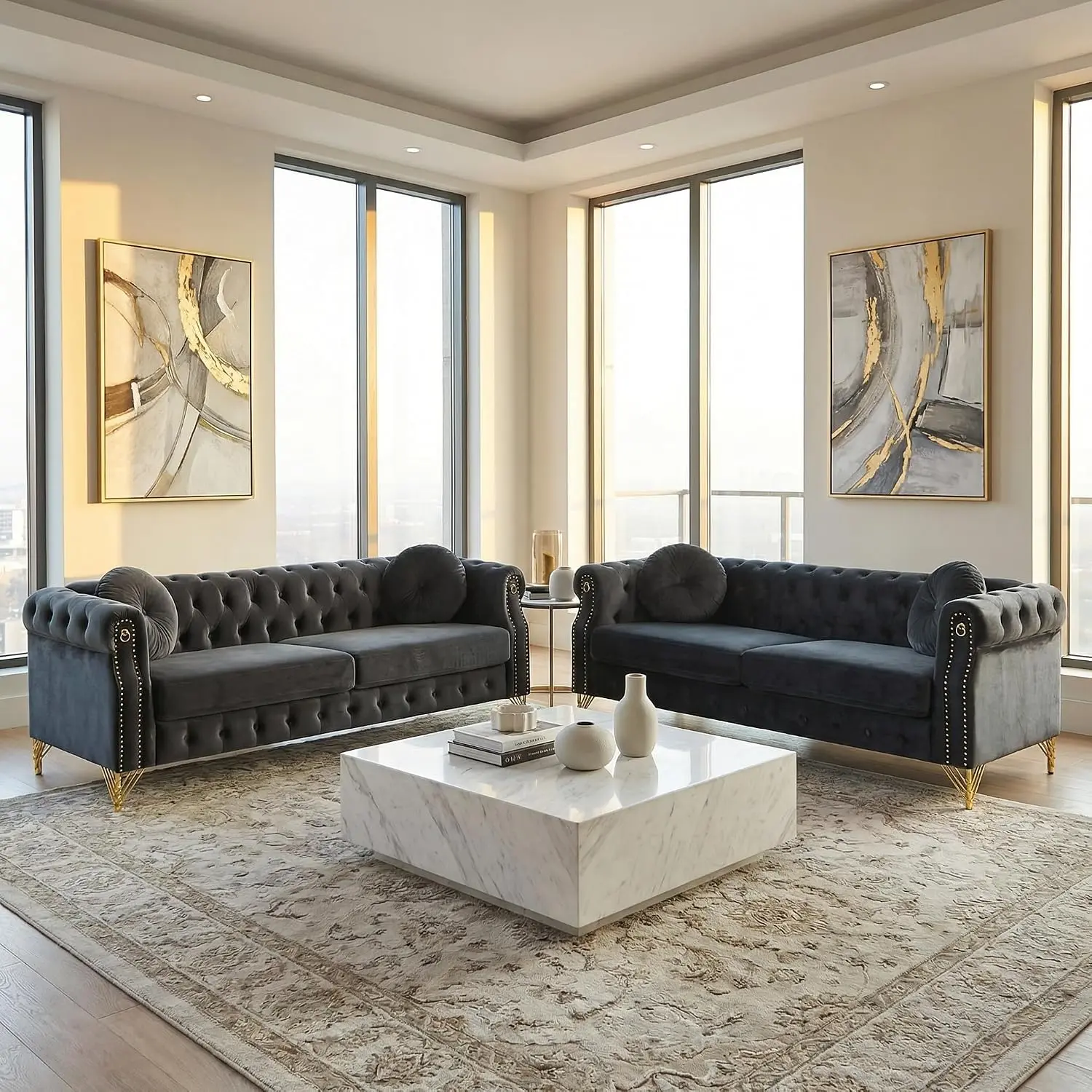 2 Pieces Velvet Chesterfield 82" 3-Seater Sofa Sets with Two Pillows, Featuring Copper Stud Detailing with Metal Legs, Loop Design Allows for Hanging Cartoon Ornaments，Black