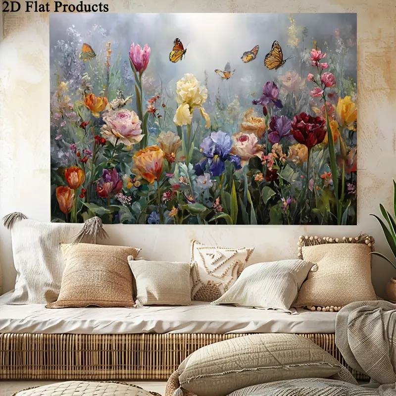 2D Flat Rustic-Framed Light Flowers & Butterflies Wall Print - Washable Home Decor Poster, Wardrobe-Friendly, Ideal for Juneteenth/Canada Day Decor, Wedding Gifts