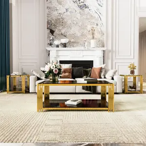 Rectangular Glass Coffee Tables Set 3 for Living Room, 2-Tier Coffee End Table with Metal Drum Base, Glass Living Room Table Set