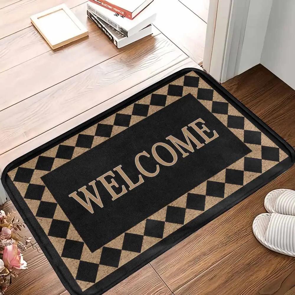 Geometric Diamond Print Welcome Doormat, Polyester-Rubber Material, Anti-Slip Back, Durable Absorbent Floor Mat for Entryway Home Entrance, Housewarming Gift Decor, Geometric Look