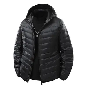 Men’s Black Hooded Lightweight White Duck Down Jacket – Zip-Up Casual Warm Coat