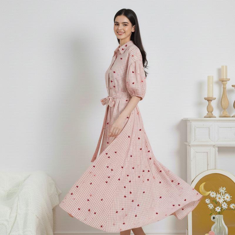 Valentine's Day Women's Pink Plaid Print Button Down Shirt Dress with Belt & Pocket 70% Polyester 30% Cotton Comfortable Maxi Dress