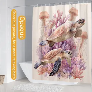1/4 piece 2D printed turtle shower curtain set, waterproof polyester fiber, including toilet cover and anti slip carpet, U-shaped pad, optional single shower curtain, essential for home decoration