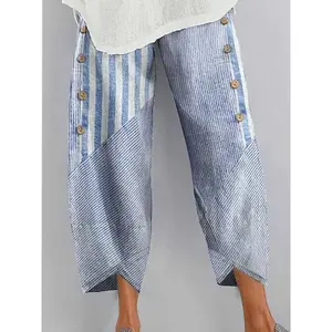 Striped print faux-button pants, casual wide-leg pants with an elastic waistband, suitable for everyday wear, women’s summer underwear GARMENTARY