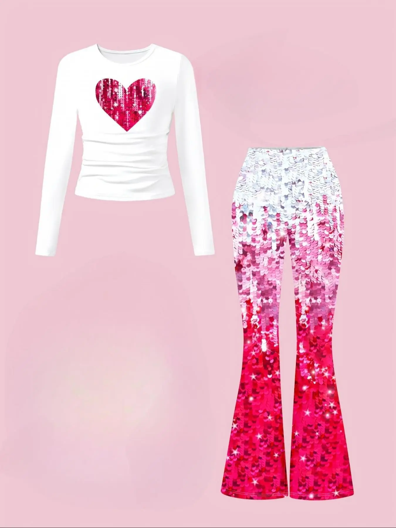 Two-Piece Set Girl's Heart Pattern Top & Flare Leg Pants Set, Casual Long Sleeve Round Neck Top & Bell Bottom Trousers for Spring & Fall, Kids Clothes