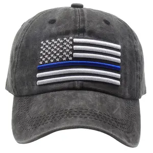 Men's Embroidered Thin Blue Line American Flag Hat, Cotton Adjustable Baseball Cap Dad Hat