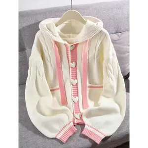 Women's Hooded Sweater Jacket, Colorblock Knit Cardigan with Pockets, Casual Loose-Fitting Long Sleeve Top for Fall & Winter