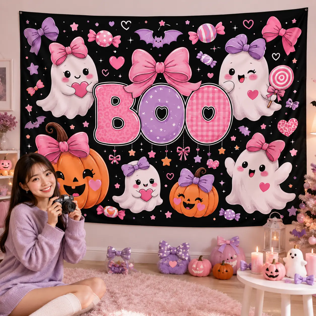 Cute Halloween Boo Tapestry Backdrop, Pink Ghost Pumpkin Wall Hanging Decor, Kawaii Style Party Photo Background for Bedroom Living Room