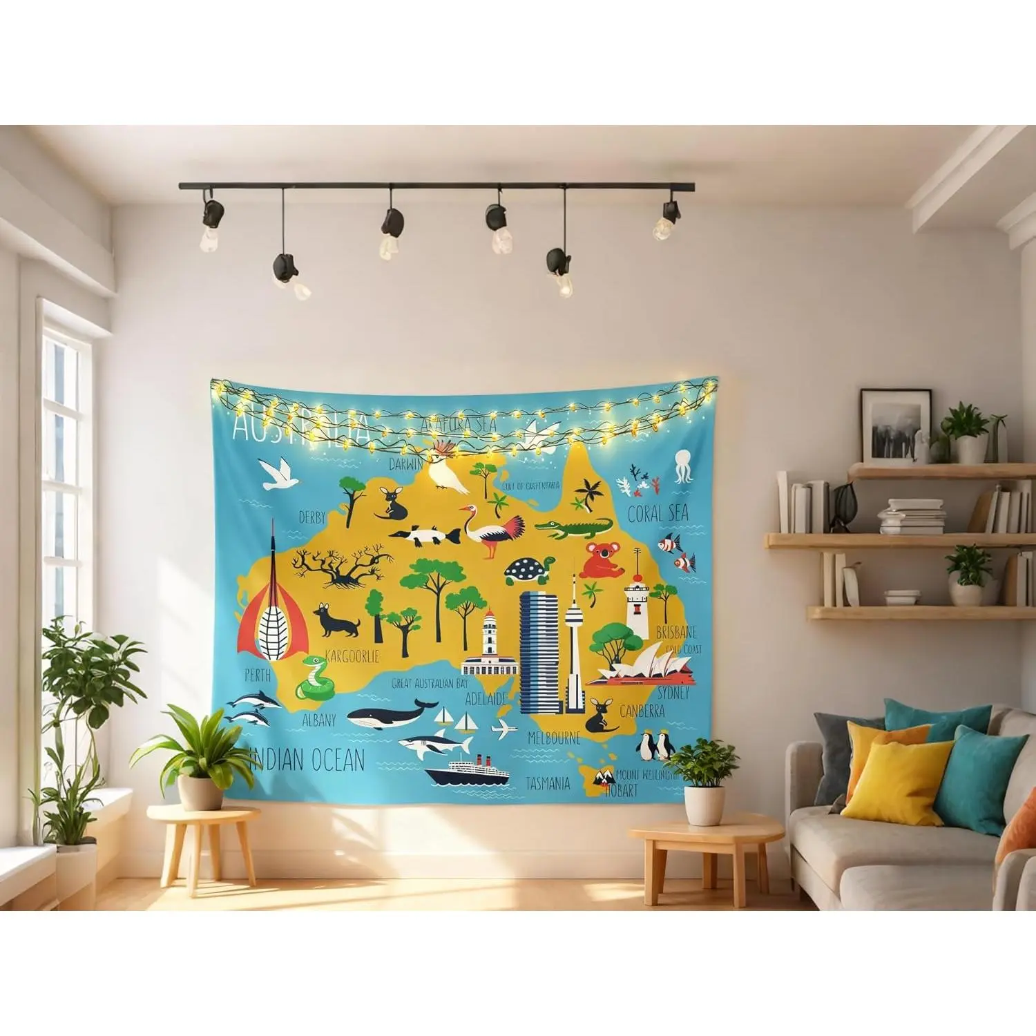 Australia Map Pattern Wall Hanging M,Kawaii Lovely Animal Print Yellow and Blue Tapestry Soft Microfiber Polyester Home Decor Tapestries Blanket Adult Men Bedroom,Medium 599.1