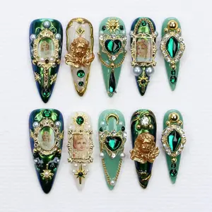 3D Angel Press On Nails: Chrome Gold & Green Gem Stiletto Nails,  Handpainted Luxury Acrylic Gothic/Goth Fake Nails, Emo Y2K Style
