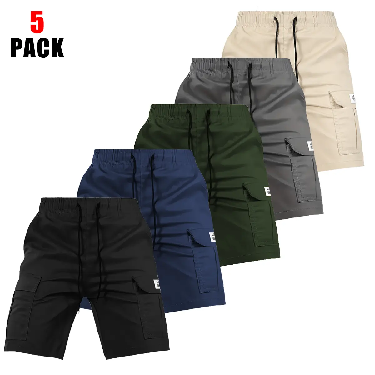Men's 5-Pack Quick Dry Fabric Cargo Shorts, Knee-Length Sportswear with Drawstring & Multiple Cargo Pockets for Outdoor Wear, Sizes M-L