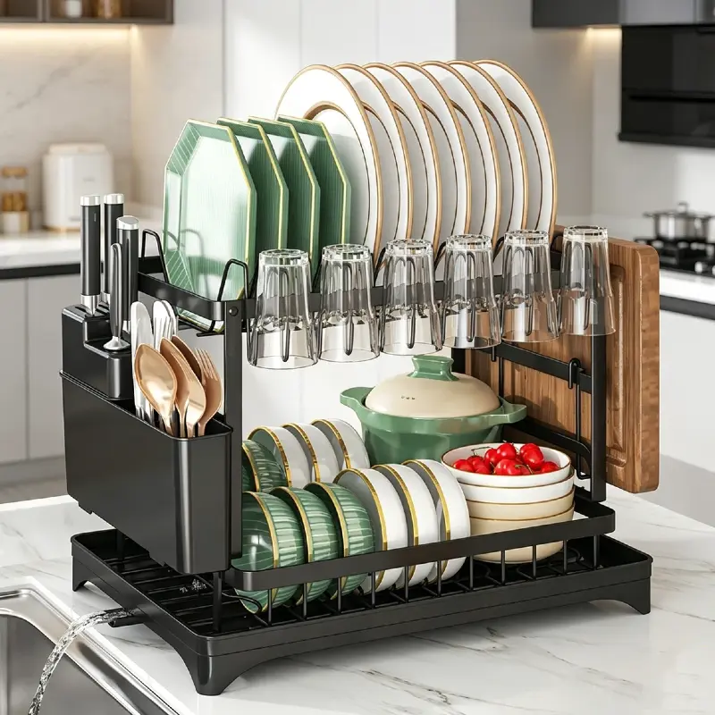 Dish Drying Rack, 2 Tier Large Dish Drying Rack for Kitchen Counter with Drainboard Stainless Steel Dish Drainer for Dish/Knifes/Cup/Cutting Board,Holiday Gift ,Black