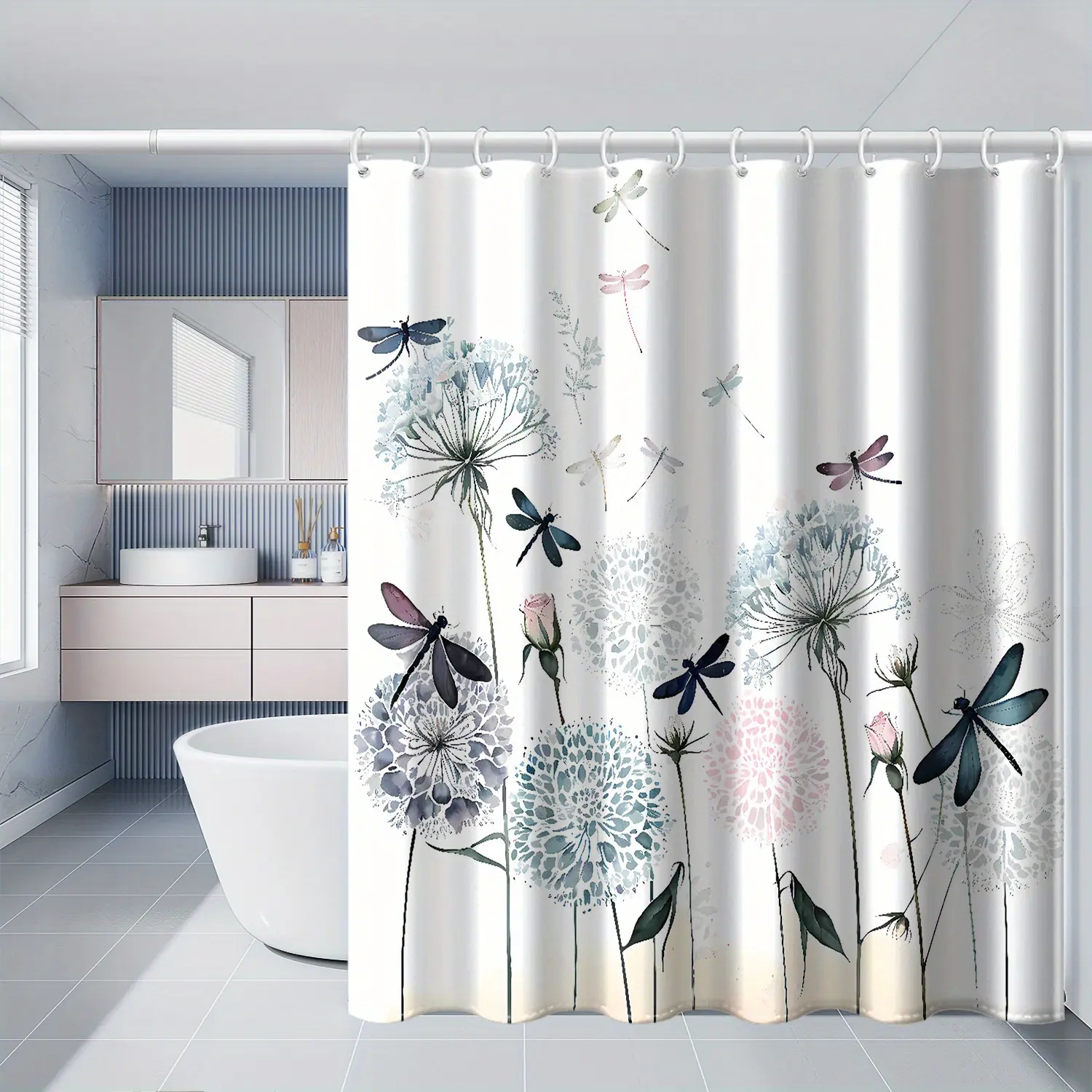 Watercolor Dandelion Dragonfly Printed Shower Curtain, With Hooks, Polyester Fabric, Windows And Walls, Bathtub, Bathroom Home Decoration Shower Curtain, All Season Universal 72x72 Inches