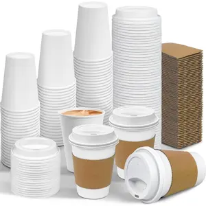 100 Pack 12 oz Leak-Proof Coffee Cups with Lids and Sleeves Disposable To Go Hot Travel Paper Cups, Hot Chocolate, Cocoa, Tea, Coffee Bar Accessories