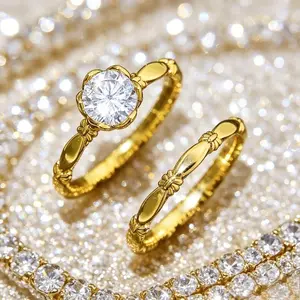 2-Piece Golden-Tone Vintage Engagement Ring Set for Women, Promise & Wedding Band with Milgrain Detail, Elegant Bridal Jewelry Gift for Valentine's Day, Weddings & Special Occasions
