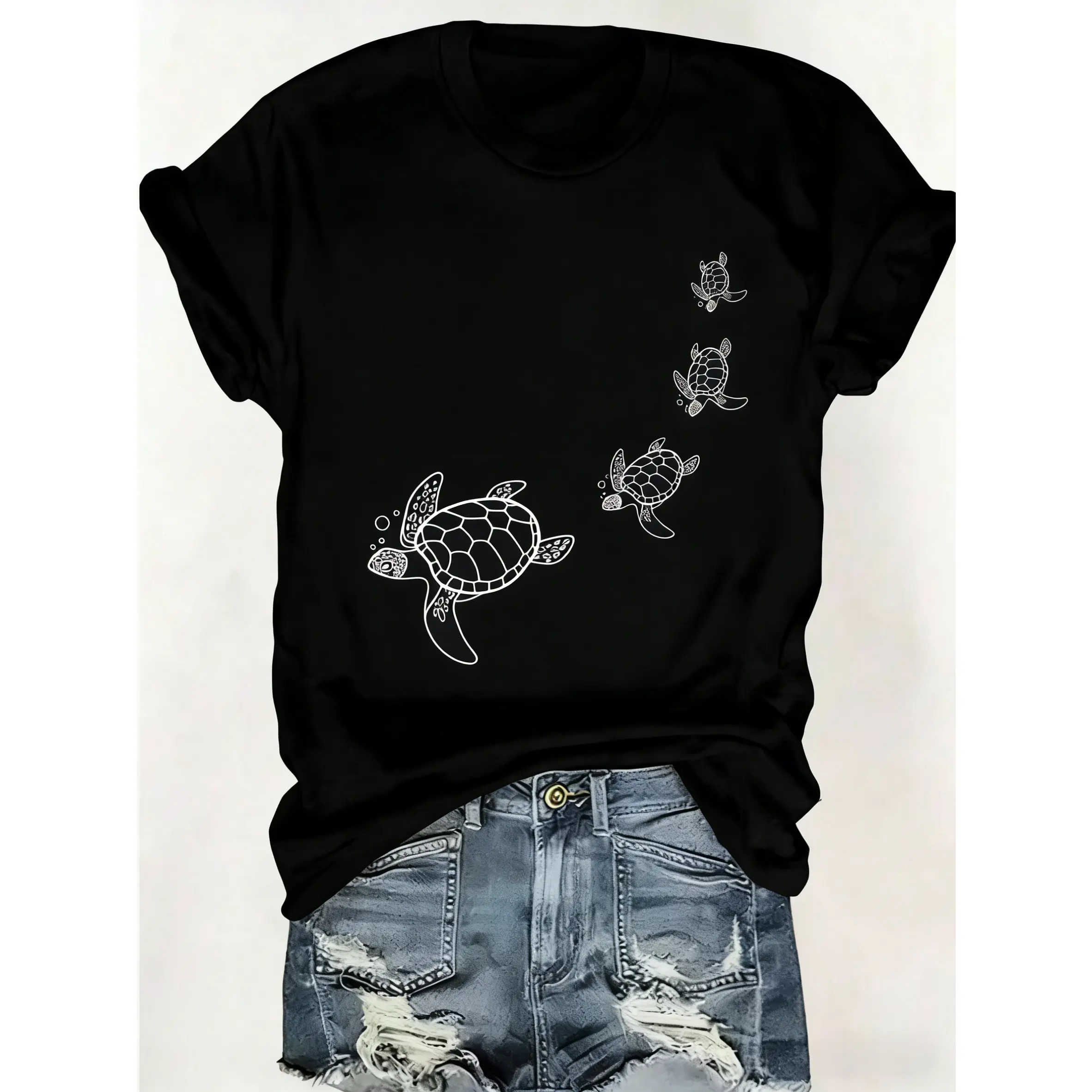 Women's Cotton Fabric Casual Short-Sleeve Round Neck Turtle Printed Fit Top, Comfortable Women's Graphic T-Shirt