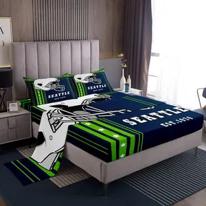 Football Sheets,Set,American City Bed Sheets For Sports Room Decor,Team Game Fluorescent Green Navy Blue Sheet Set,(Seattle)