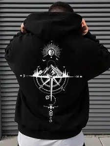 Trendy Unisex Loose Hoodie, Artistic Outdoor Mountain Compass Print, Soft Comfortable Pullover, Ideal for Travel Urban Life Cool Seasons, Casual Pullover Hoodies
