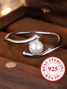 S925 Sterling Silver Ring with Synthetic Pearl Engagement Ring, Stackable Promise Ring for Women and Girls, Minimalist Style, Anniversary and Valentine's Gift（with Box）