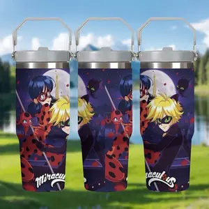 1pc 30oz Ladybug Girl Print Stainless Steel Insulated Cup with Portable Handle & Straw, Miracle Girl Anime Peripheral Student Water Bottle
