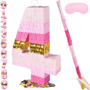 20 Inch Number 4 Piñata Pink Gold with 30 Inch Piñata Stick Blindfold Confetti for Boys Girls Adults Birthday Party Decorations Anniversary Celebration Fiesta