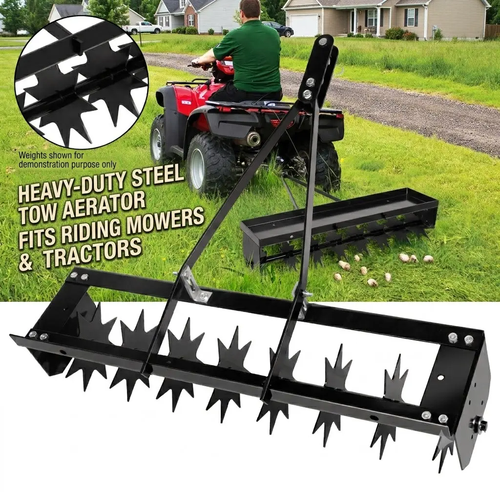 35 in Tow Behind Lawn Aerator - Lawn Care Equipment Attachment with Steel Deep Spikes, Weight Tray for Riding Mowers & Tractors