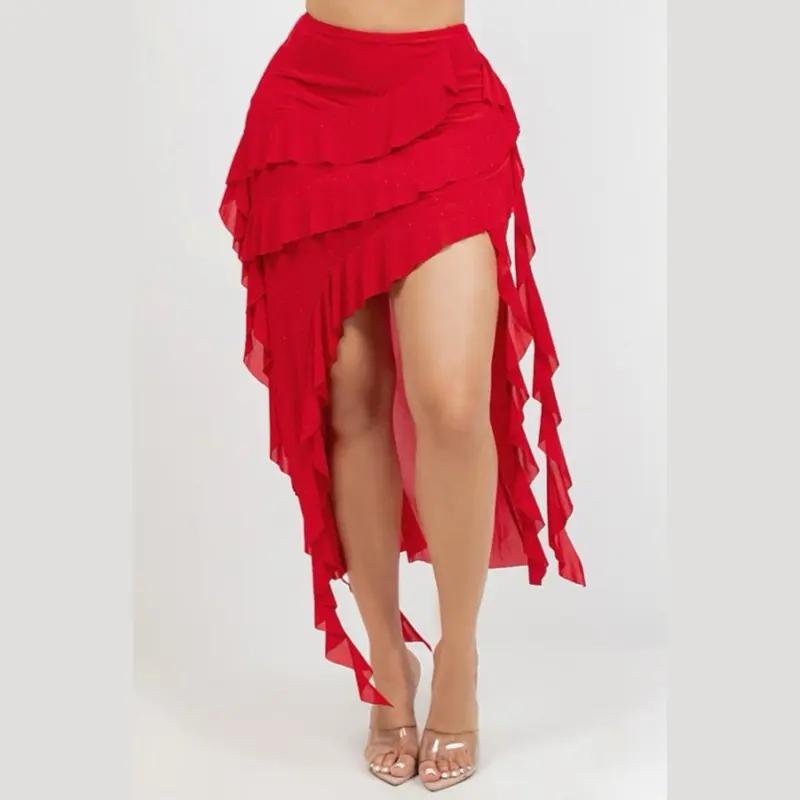 Women's Afrodita Mesh Ruffle Trim Flowy Skirt - High Low Asymmetrical Cut Aesthetic Above-Knee Bottom, Stylish Womenswear, Flowy Skirts, High Low Skirts