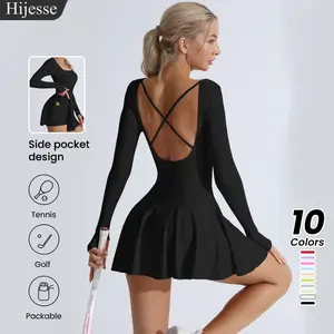 Hijesse Women's Seamless Knit Sports Pocket Dress, Solid Cross Back, Long Sleeve Square Neck Tennis Dress, Indoor Outdoor Sports Yoga, Skin-Friendly Fabric, Tight-Fitting Shaping Flattering Figure