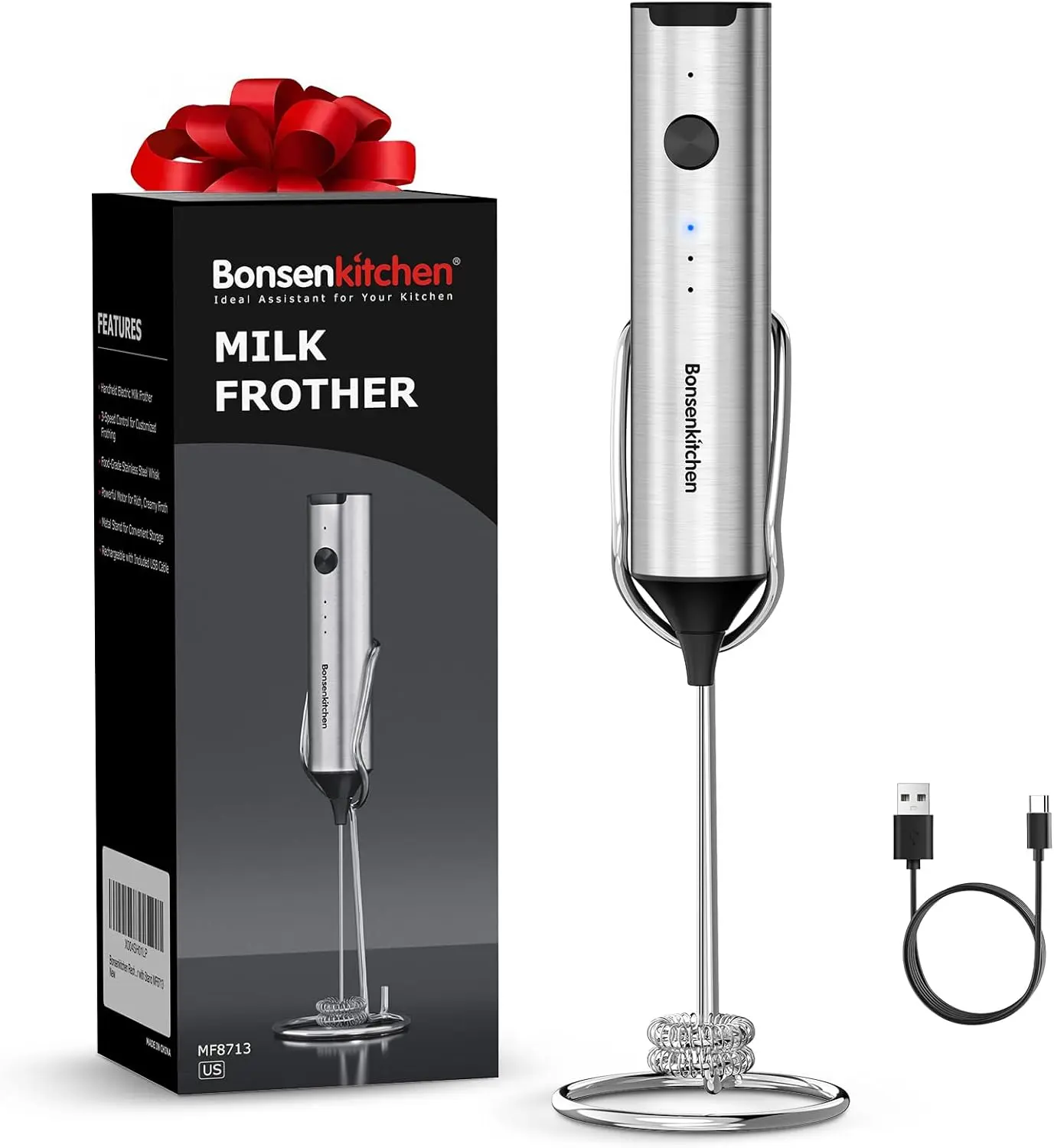 Rechargeable Milk Frother with Stand, 3-Speed Handheld Coffee Frother, Dual Spring Whisk Electric Hand Frother Wand Drink Mixer for Lattes Cappuccino Protein, Kitchen Gifts,home essentials Coffee Equipment Coffee Tools